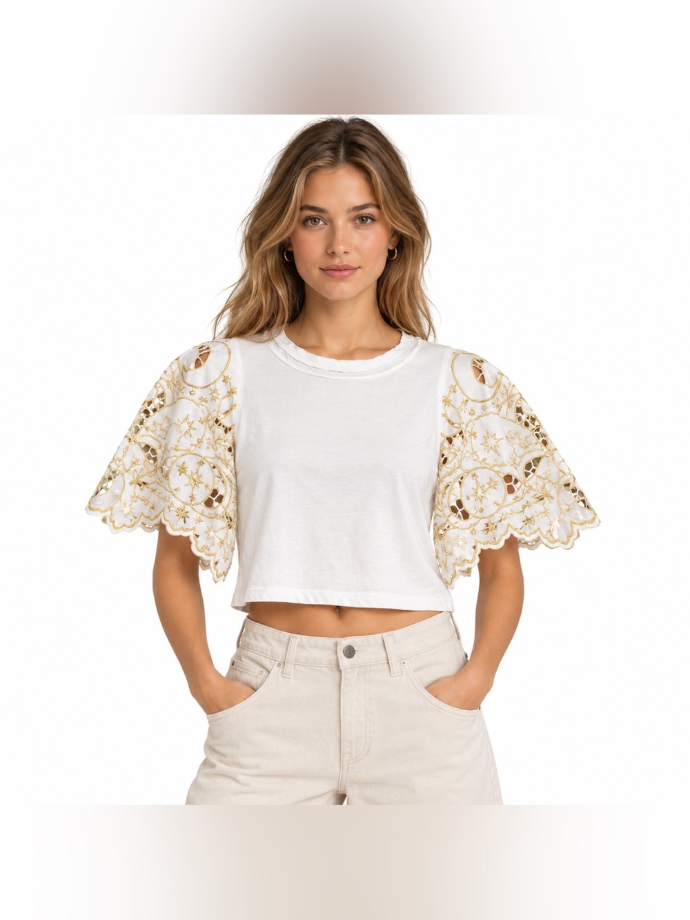 Free People XS White Gold Embroidered Cutwork Sleeve Cropped Top